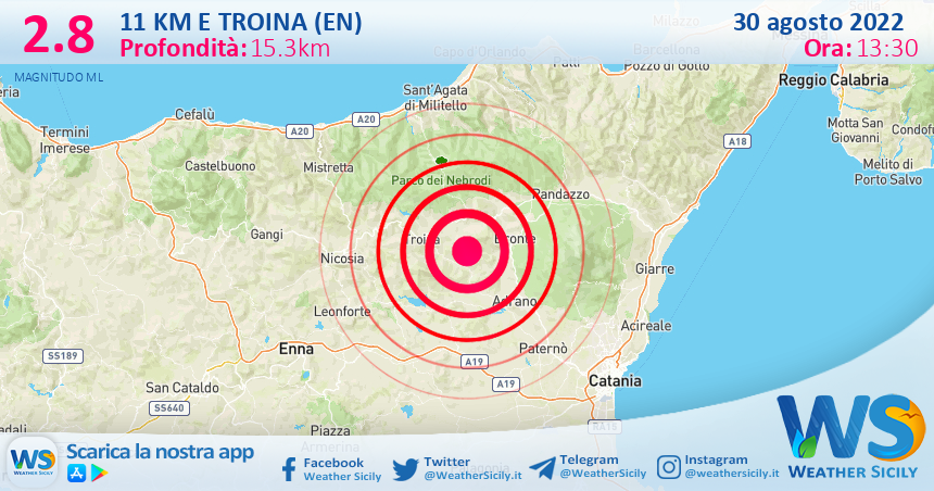 Scossa di terremoto magnitudo 2.8 nei pressi di Troina (EN)