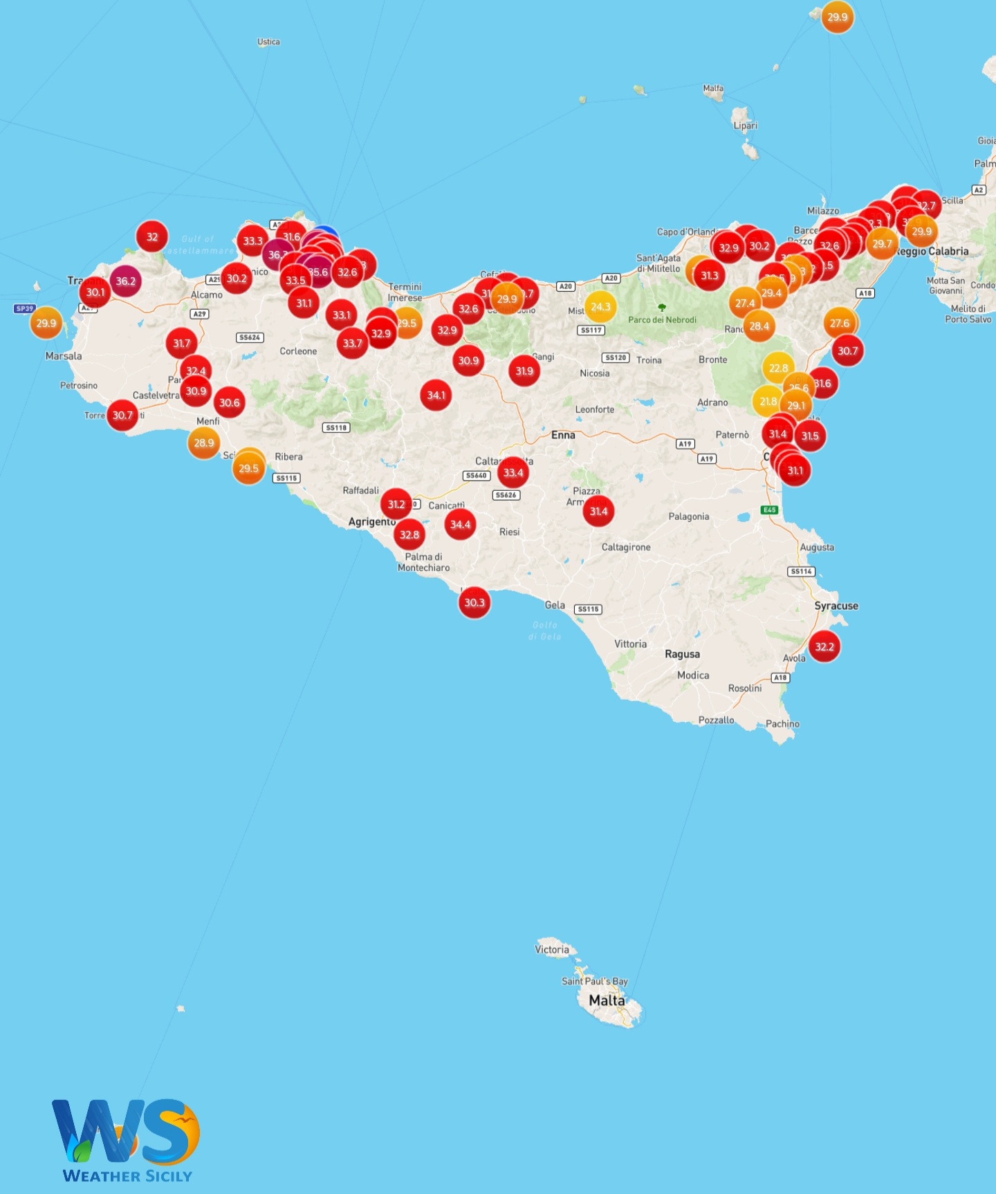 Meteo Sicilia: molto caldo quasi ovunque quest'oggi. Le temperature max in tempo reale!