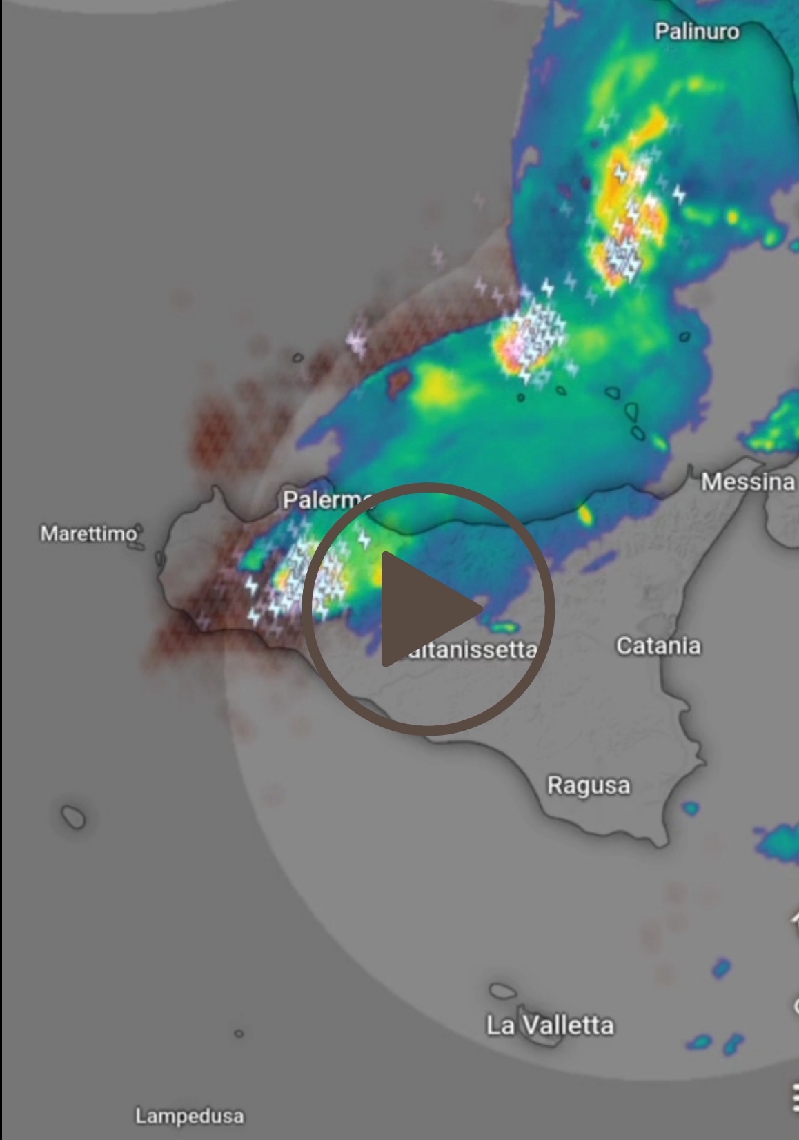 Meteo Sicilia: temporali e locali nubifragi in atto.Il movimento della linea temporalesca  vista dal sat live