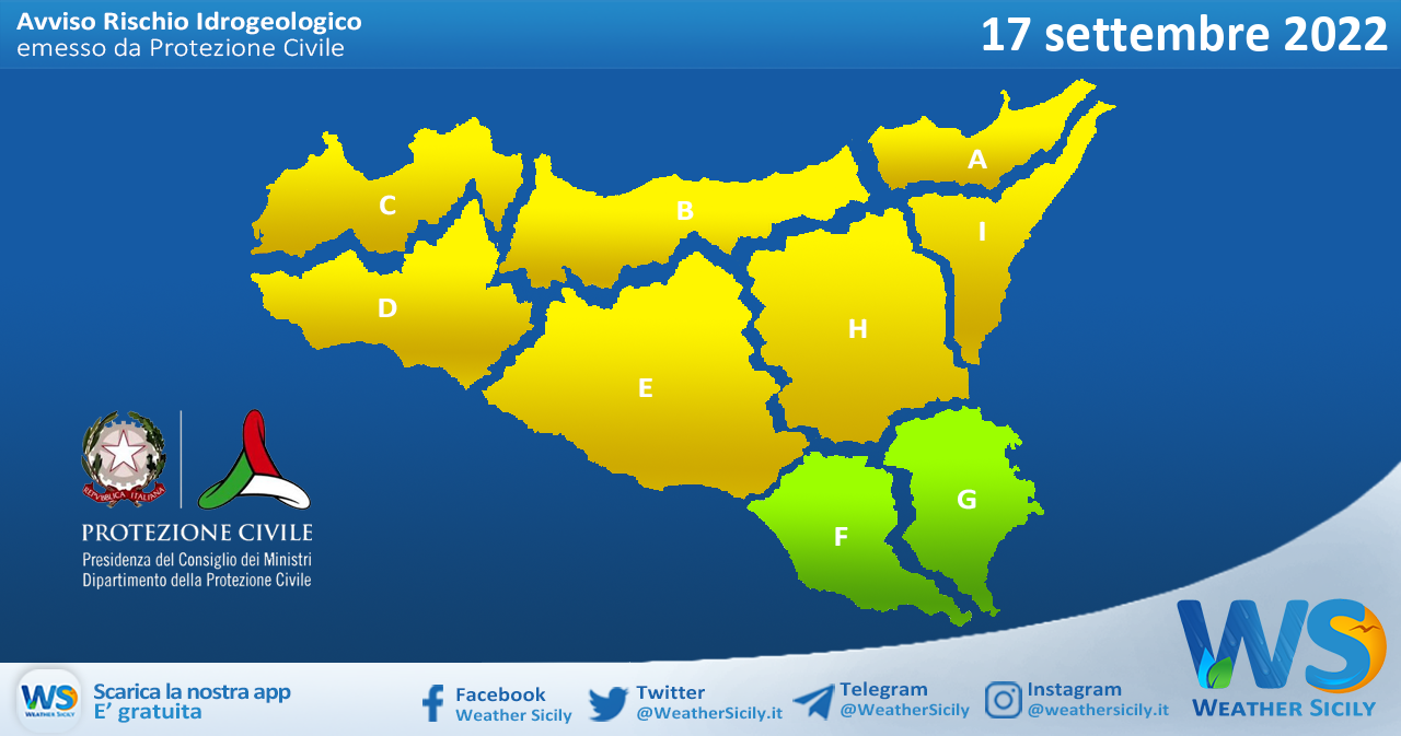 Sicilia: avviso rischio idrogeologico per sabato 17 settembre 2022