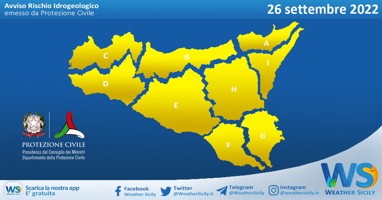 Sicilia: avviso rischio idrogeologico per lunedì 26 settembre 2022