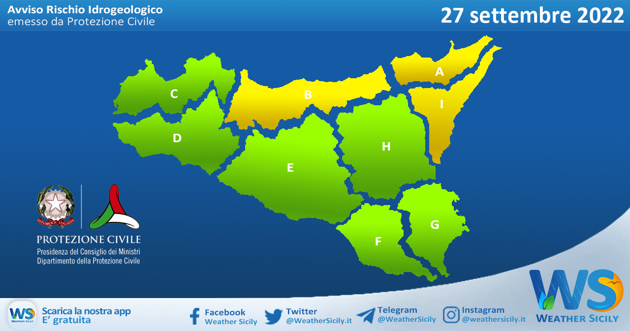 Sicilia: avviso rischio idrogeologico per martedì 27 settembre 2022