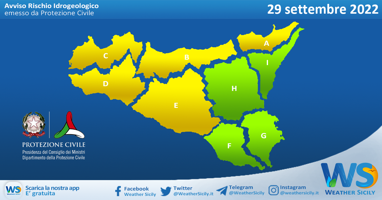 Sicilia: avviso rischio idrogeologico per giovedì 29 settembre 2022