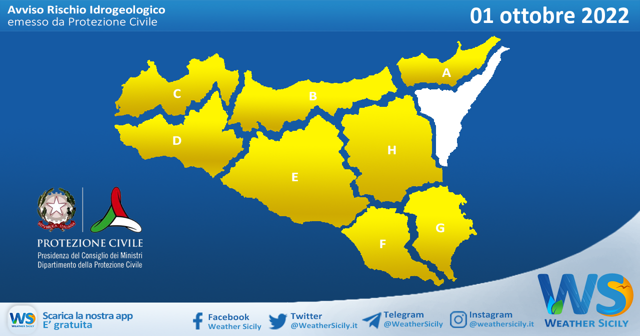 Sicilia: avviso rischio idrogeologico per sabato 01 ottobre 2022