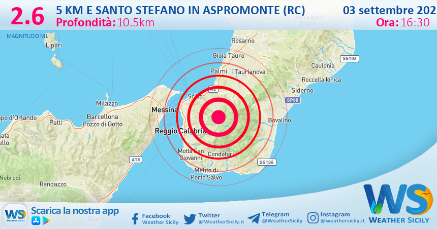 Scossa di terremoto magnitudo 2.6 nei pressi di Santo Stefano in Aspromonte (RC)