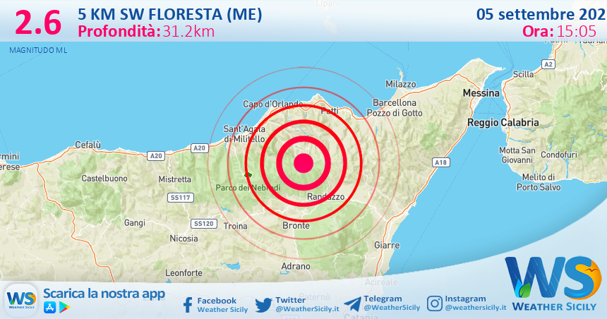 Scossa di terremoto magnitudo 2.6 nei pressi di Floresta (ME)