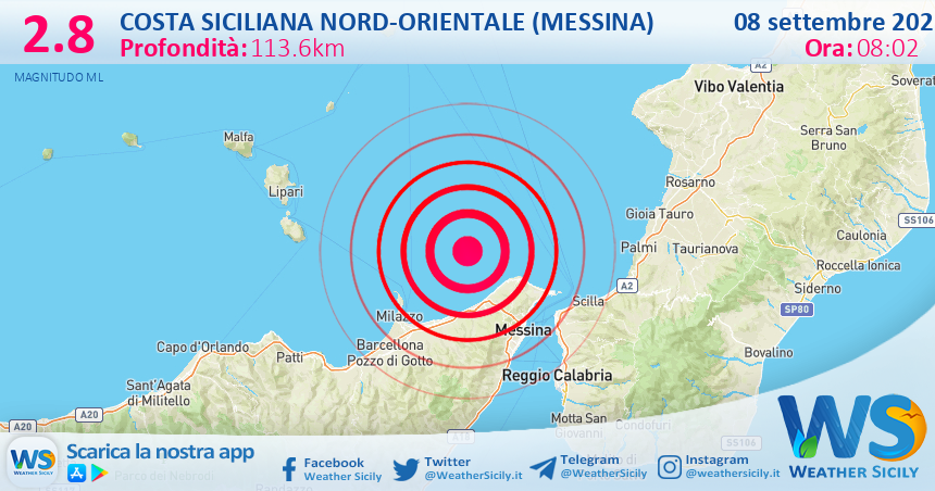 Scossa di terremoto magnitudo 2.8 nei pressi di Costa Siciliana nord-orientale (Messina)