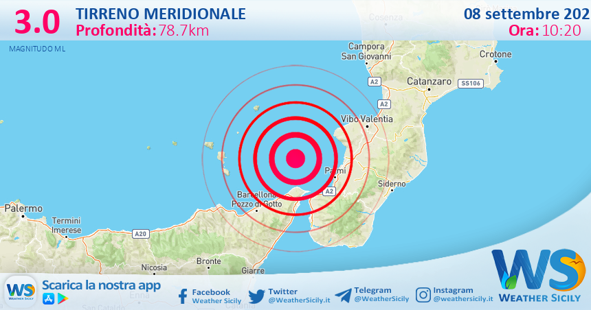 Scossa di terremoto magnitudo 3.0 nel Tirreno Meridionale (MARE)