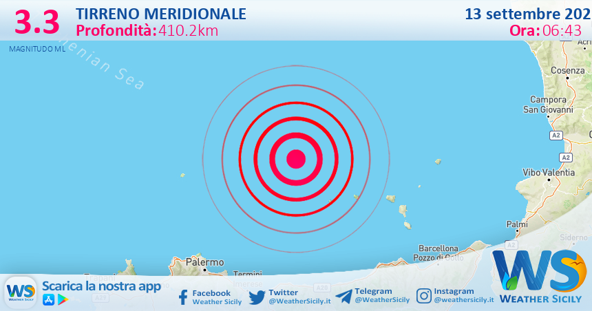 Scossa di terremoto magnitudo 3.3 nel Tirreno Meridionale (MARE)