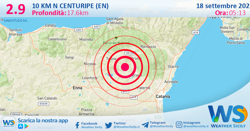 Scossa di terremoto magnitudo 2.9 nei pressi di Centuripe (EN)