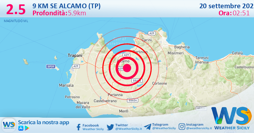 Scossa di terremoto magnitudo 2.5 nei pressi di Alcamo (TP)