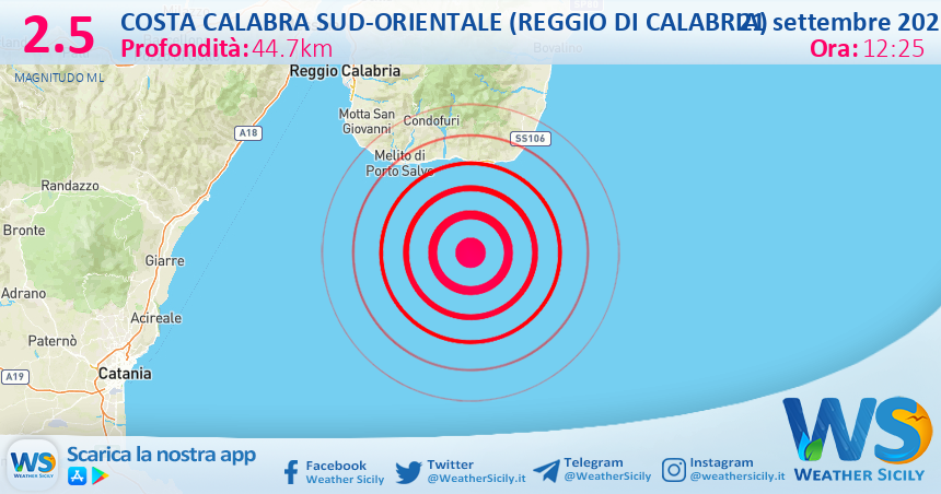 Scossa di terremoto magnitudo 2.5 nei pressi di Costa Calabra sud-orientale (Reggio di Calabria)