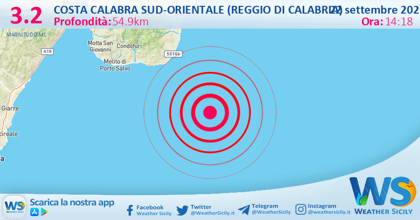 Scossa di terremoto magnitudo 3.2 nei pressi di Costa Calabra sud-orientale (Reggio di Calabria)