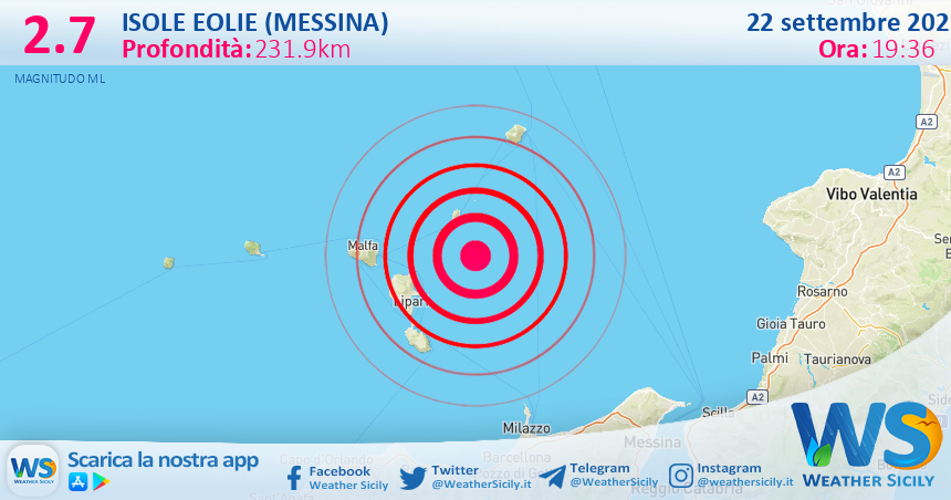 Scossa di terremoto magnitudo 2.7 nei pressi di Isole Eolie (Messina)