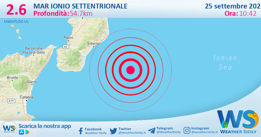 Scossa di terremoto magnitudo 2.6 nel Mar Ionio Settentrionale (MARE)