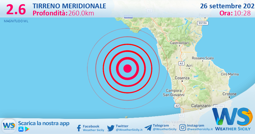 Scossa di terremoto magnitudo 2.6 nel Tirreno Meridionale (MARE)