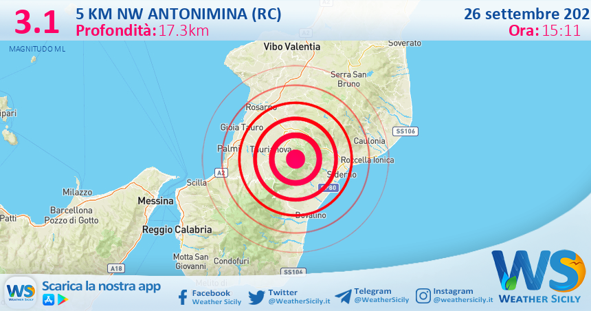 Scossa di terremoto magnitudo 3.1 nei pressi di Antonimina (RC)