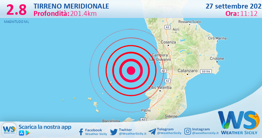 Scossa di terremoto magnitudo 2.8 nel Tirreno Meridionale (MARE)