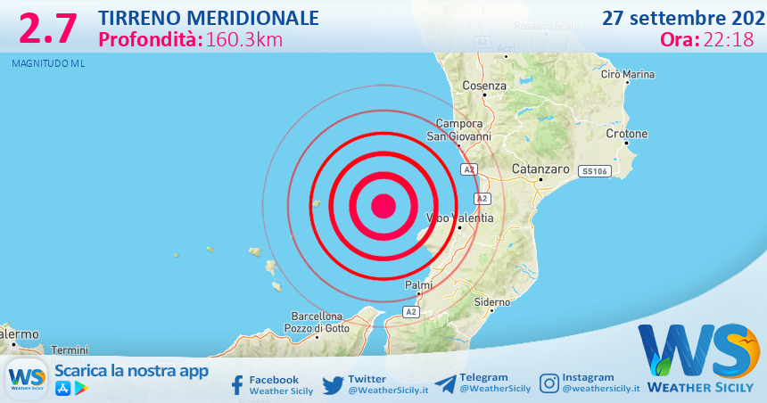 Scossa di terremoto magnitudo 2.7 nel Tirreno Meridionale (MARE)