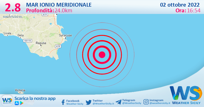 Scossa di terremoto magnitudo 2.8 nel Mar Ionio Meridionale (MARE)