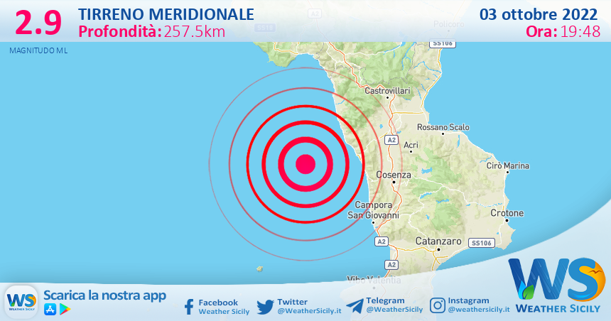 Scossa di terremoto magnitudo 2.9 nel Tirreno Meridionale (MARE)