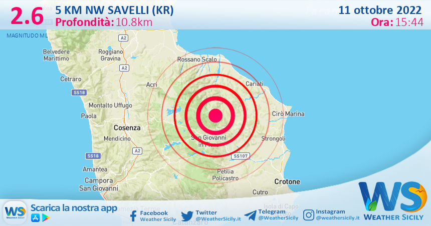 Scossa di terremoto magnitudo 2.6 nei pressi di Savelli (KR)