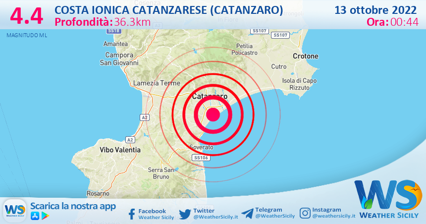 Scossa di terremoto magnitudo 4.4 nei pressi di Costa Ionica Catanzarese (Catanzaro)