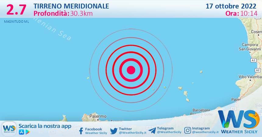 Scossa di terremoto magnitudo 2.7 nel Tirreno Meridionale (MARE)