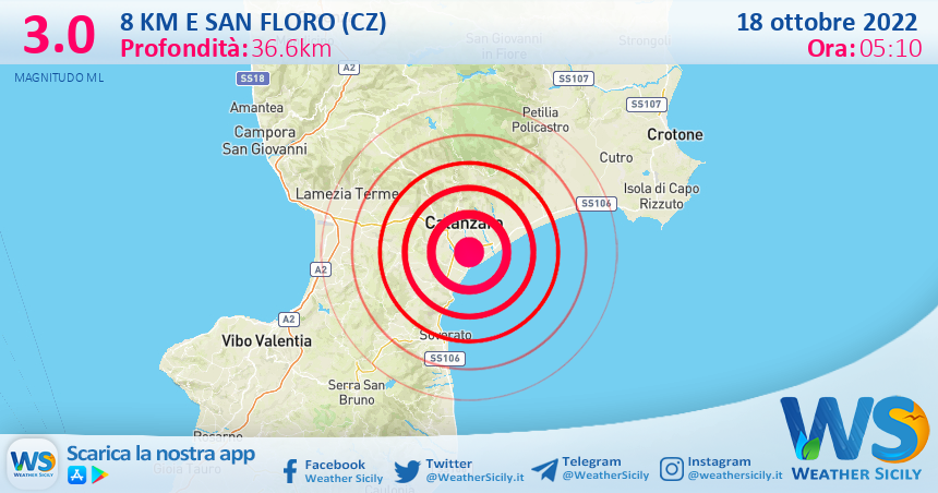 Scossa di terremoto magnitudo 3.0 nei pressi di San Floro (CZ)