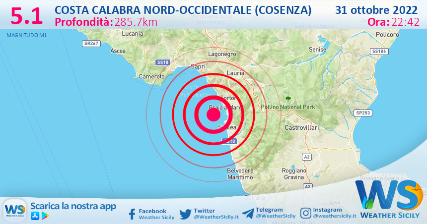 Forte scossa di terremoto magnitudo 5.1 al largo della costa  tirrenica calabrese nord-occidentale (Cosenza)