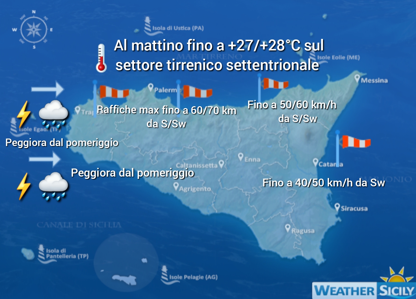 Meteo Sicilia: forti venti meridionali tra stanotte e domani mattina. Fino a +27/+28°C sul settore tirrenico settentrionale! Poi maltempo e crollo termico.