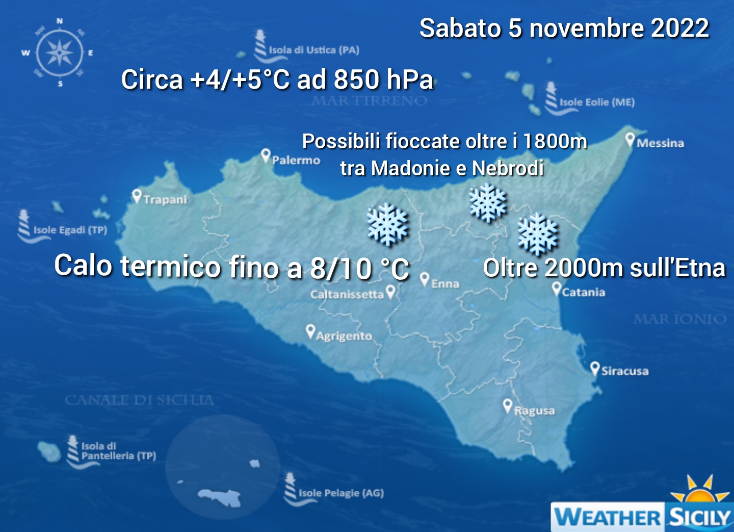 Meteo Sicilia: possibili prime fioccate sulle vette appenniniche oltre i 1800m.