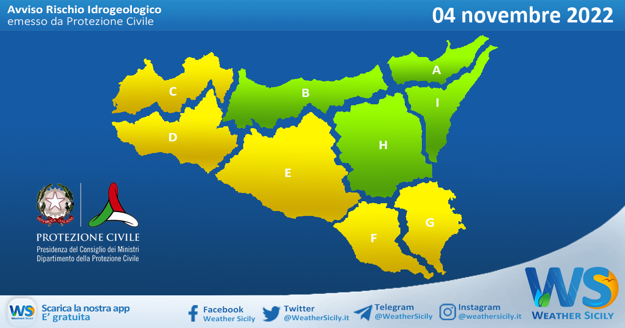 Meteo Sicilia: avviso rischio idrogeologico per venerdì 04 novembre 2022