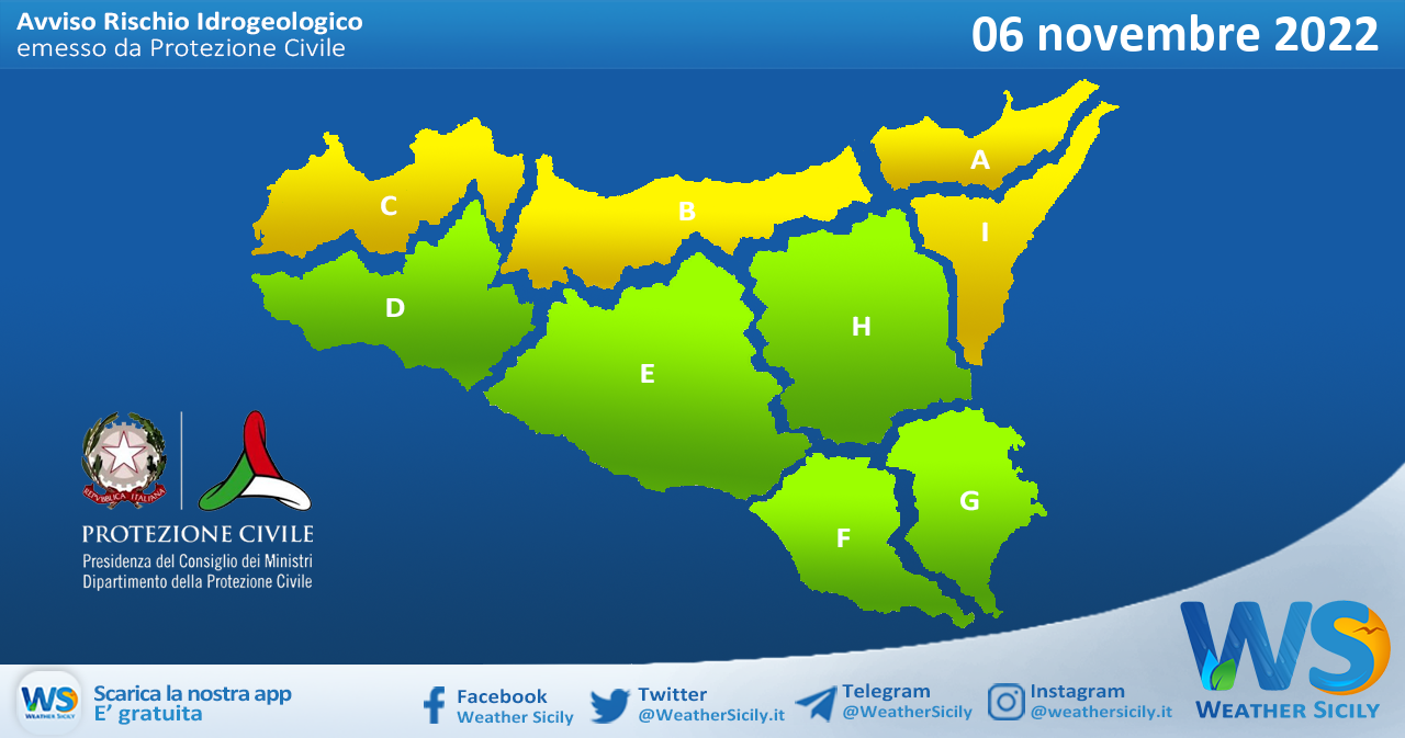 Meteo Sicilia: avviso rischio idrogeologico per domenica 06 novembre 2022