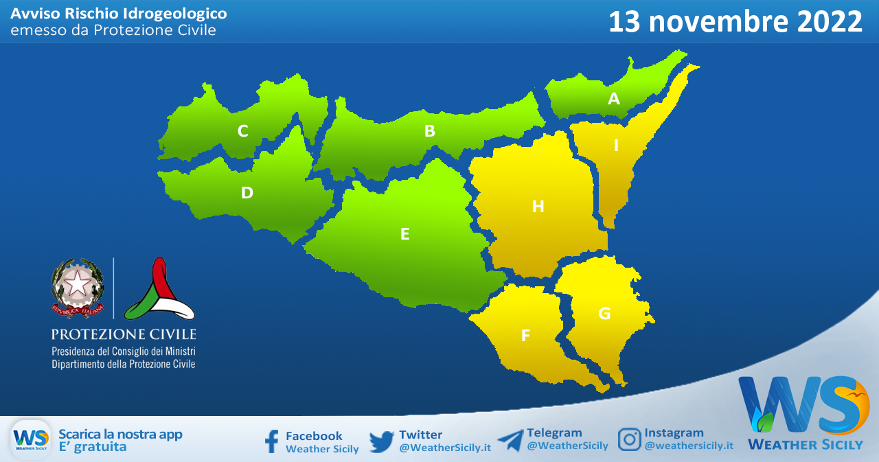 Meteo Sicilia: avviso rischio idrogeologico per domenica 13 novembre 2022