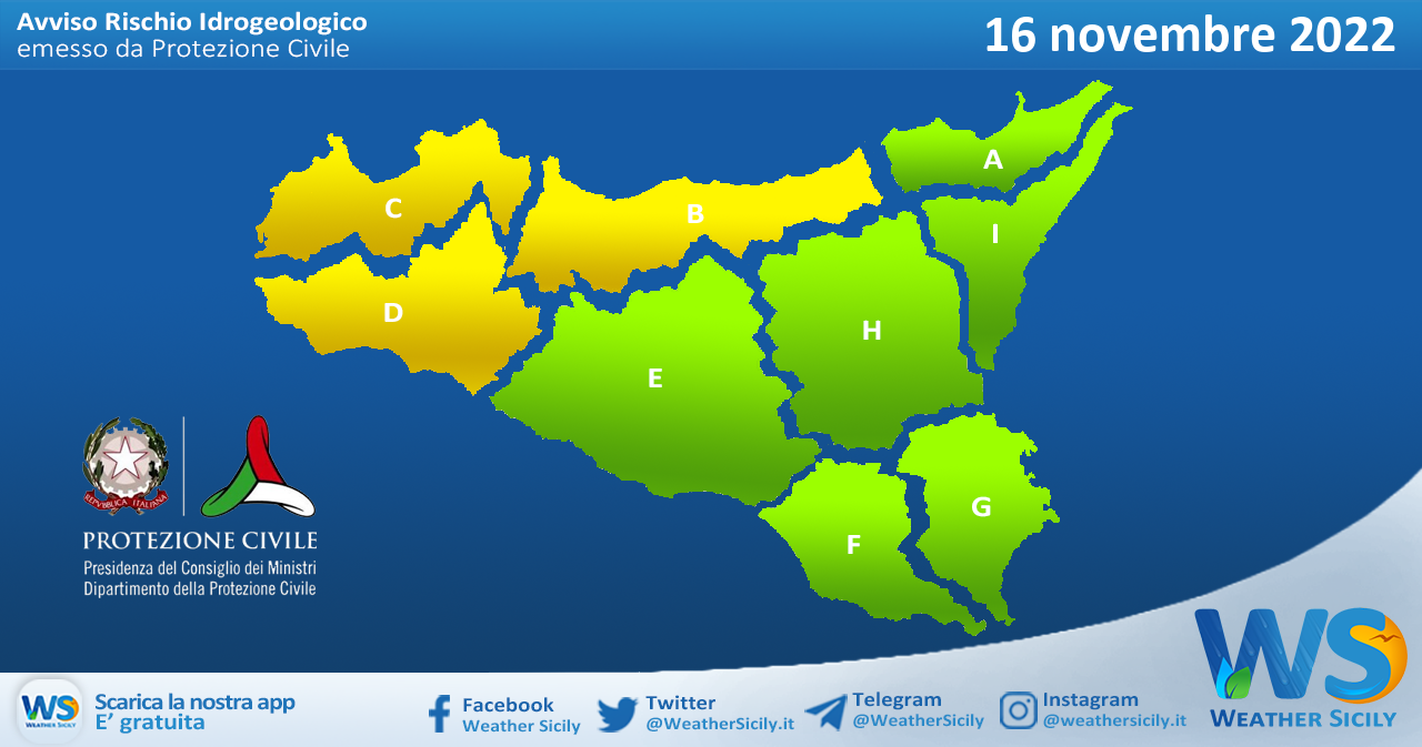 Meteo Sicilia: avviso rischio idrogeologico per mercoledì 16 novembre 2022