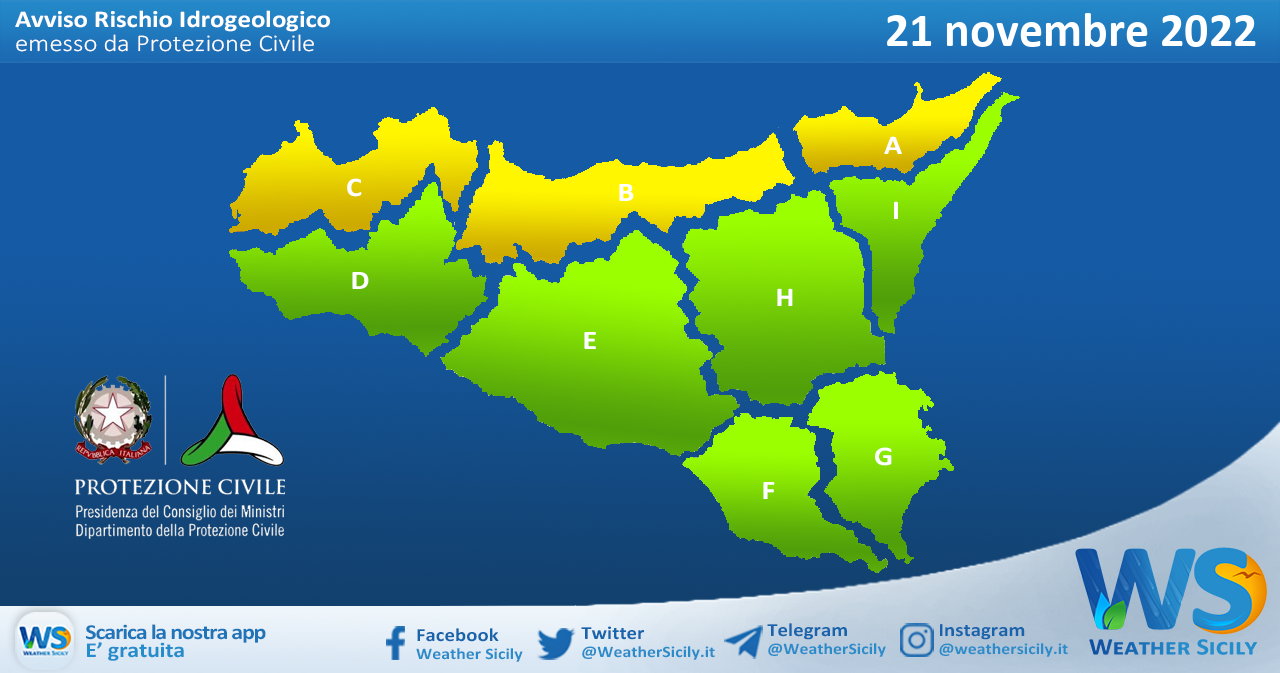 Meteo Sicilia: avviso rischio idrogeologico per lunedì 21 novembre 2022