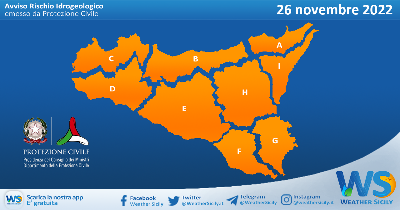 Meteo Sicilia: avviso rischio idrogeologico per sabato 26 novembre 2022