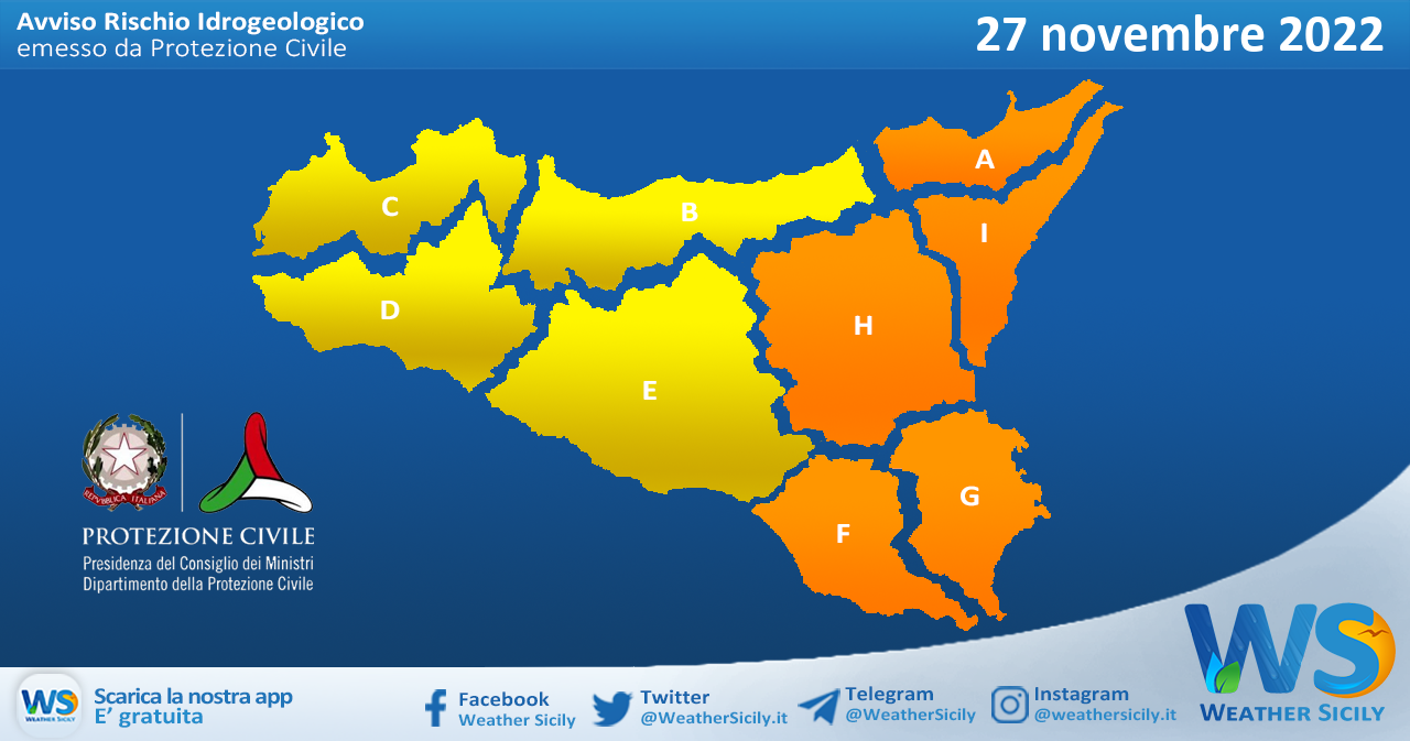 Meteo Sicilia: avviso rischio idrogeologico per domenica 27 novembre 2022