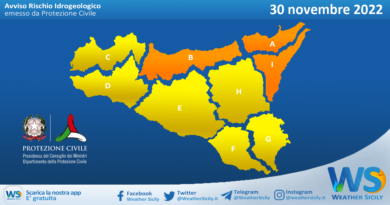 Meteo Sicilia: avviso rischio idrogeologico per mercoledì 30 novembre 2022