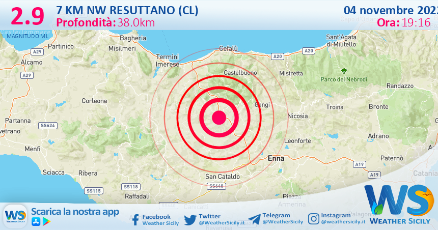 Scossa di terremoto magnitudo 2.9 nei pressi di Resuttano (CL)