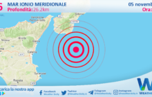 Scossa di terremoto magnitudo 2.6 nel Mar Ionio Meridionale (MARE)