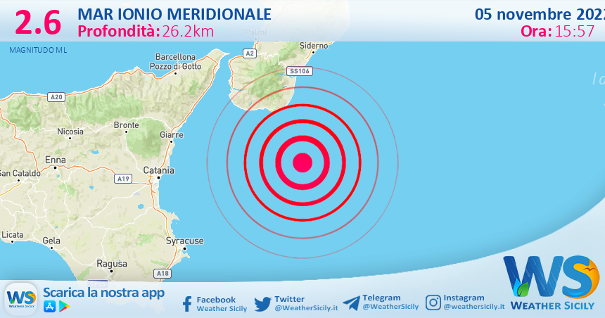 Scossa di terremoto magnitudo 2.6 nel Mar Ionio Meridionale (MARE)