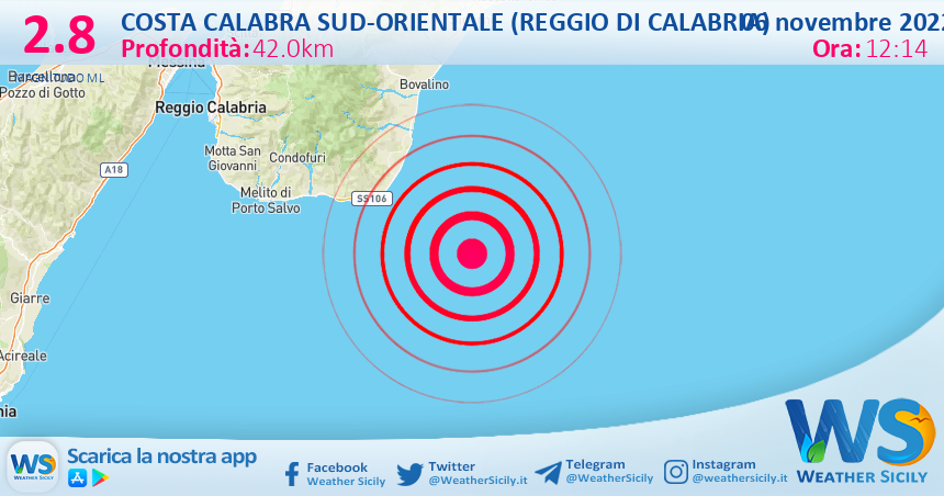 Scossa di terremoto magnitudo 2.8 nei pressi di Costa Calabra sud-orientale (Reggio di Calabria)