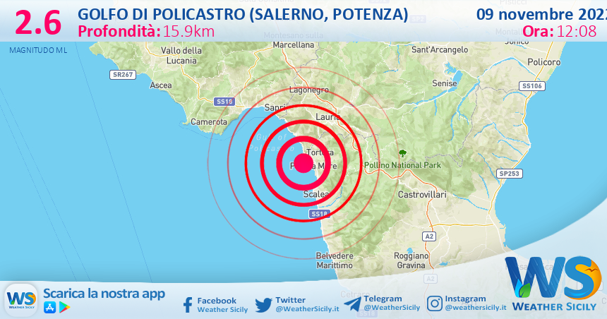 Scossa di terremoto magnitudo 2.6 nei pressi di Golfo di Policastro (Salerno, Potenza)