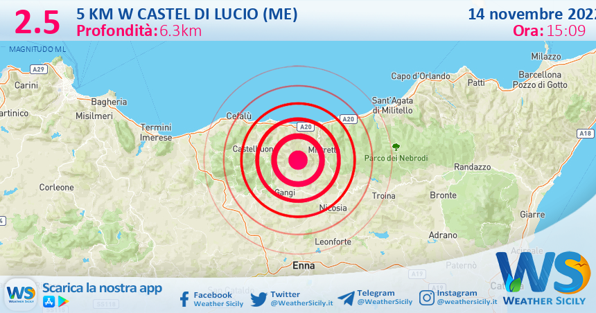 Scossa di terremoto magnitudo 2.5 nei pressi di Castel di Lucio (ME)