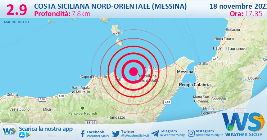 Scossa di terremoto magnitudo 2.9 nei pressi di Costa Siciliana nord-orientale (Messina)