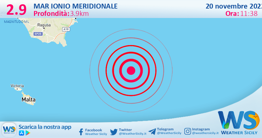 Scossa di terremoto magnitudo 2.9 nel Mar Ionio Meridionale (MARE)