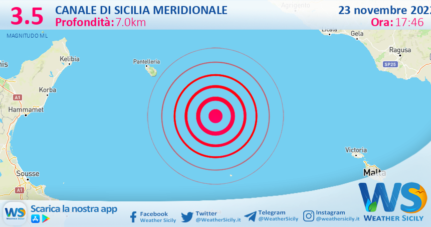 Scossa di terremoto magnitudo 3.5 nel Canale di Sicilia meridionale (MARE)