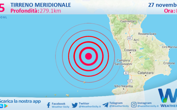 Scossa di terremoto magnitudo 3.5 nel Tirreno Meridionale (MARE)